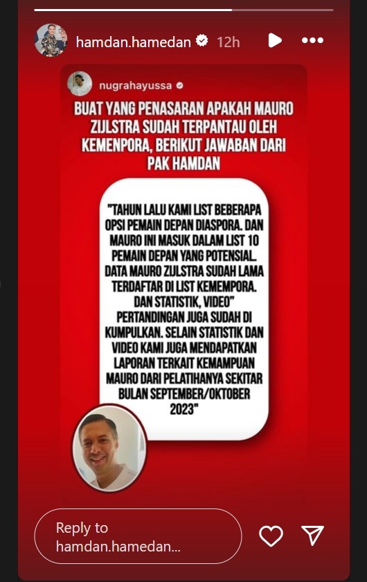 Reaksi Hamdan Hamedan usai kabar Mauro Zijlstra ingin bela timnas Indonesia. (Instagram/@hamdan.hamedan)