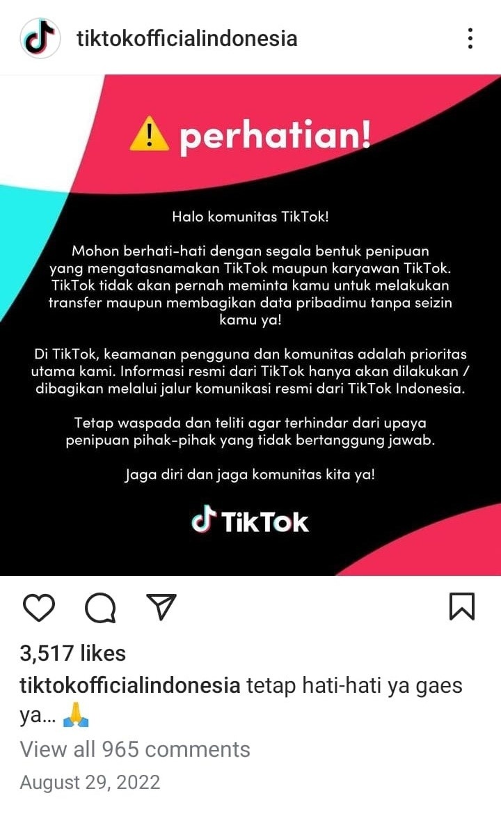 Unggahan akun resmi TikTok Indonesia di Instagram berisi pemberitahuan/klarifikasi terkait hoaks yang beredar pada Agustus 2022 yang mencatut mereka. [Sumber: akun @tiktokofficialindonesia]