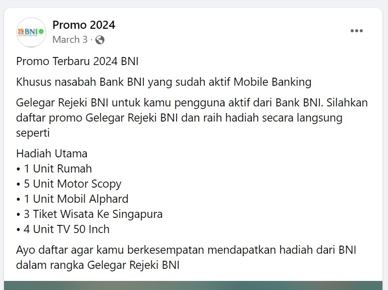 Tangkapan layar salah satu contoh hoaks BNI bagi-bagi hadiah. [Sumber: Akun Facebook Promo 2024]