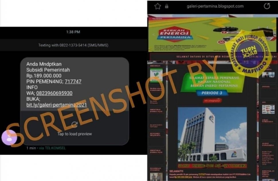 Contoh penipuan dengan mencatut nama Pertamina melalui SMS maupun Blogspot. [Sumber: Turnbackhoax.id]