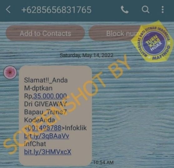 Penipuan melalui pesan singkat atau SMS dengan modus bagi-bagi hadiah atau giveaway Baim Wong. [Sumber: Turnbackhoax.id]