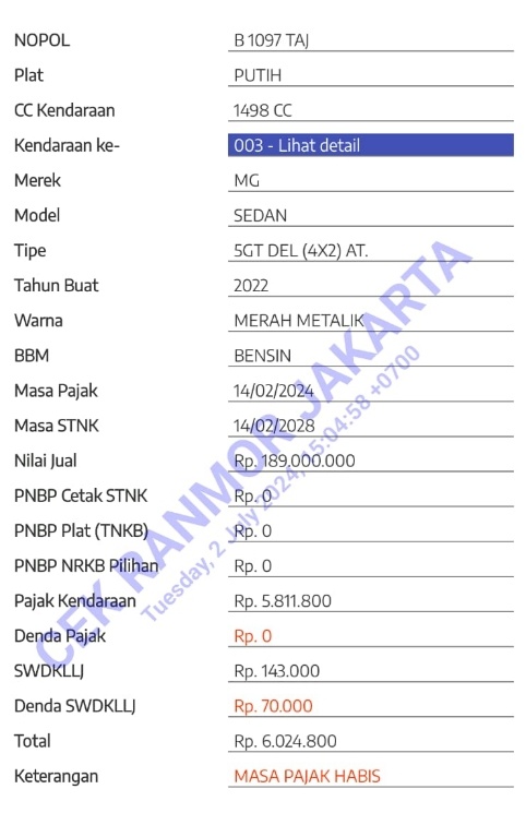 Nopol mobil Habib Bahar bin Smith yang menunggak pajak. (Cek Ranmor DKI)