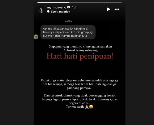 Nama ayah Rey Mbayang dicatut untuk penipuan (Instagram)