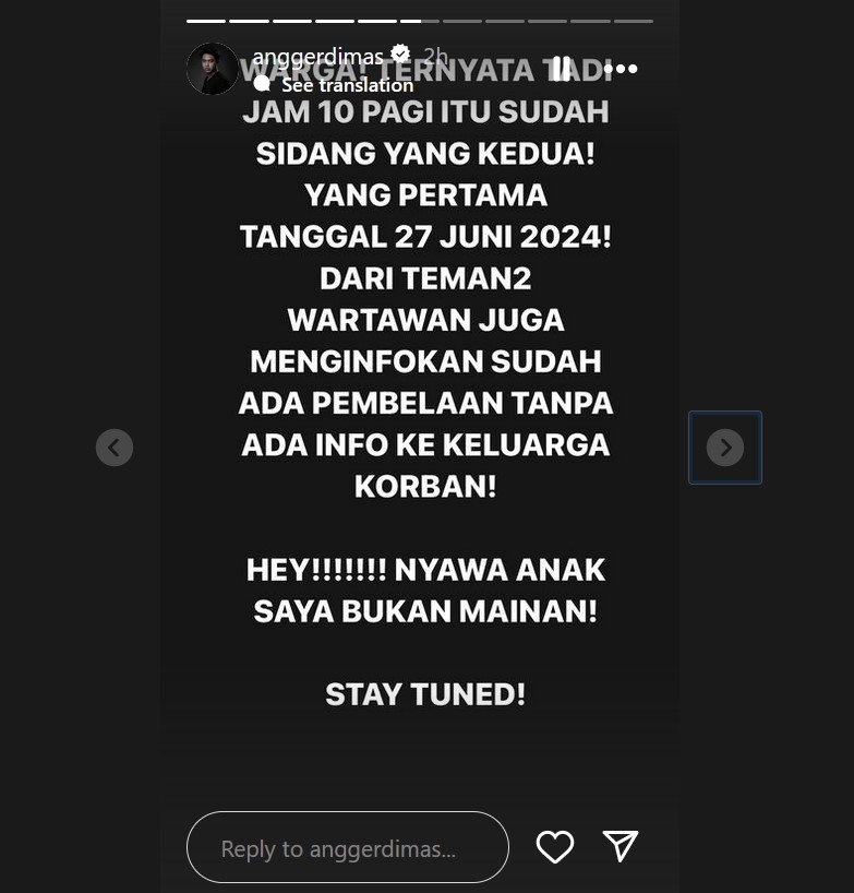 Angger Dimas kecewa karena pihak pengadilan tak memberikan informasi mengenai sidang kasus kematian putranya, Dante dengan terdakwa Yudha Arfandi. [Instagram]