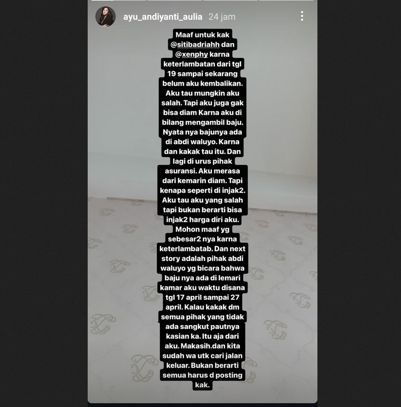 Ayu Aulia klarifikasi mengenai tuduhan tak mengembalikan baju sewaan. [Instagram]