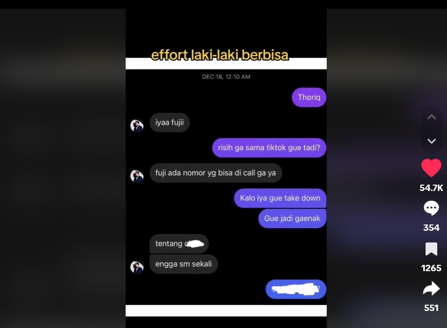 Isi DM Instagram Thariq Halilintar ke Fuji. (tiktok/dewienhaley_11)