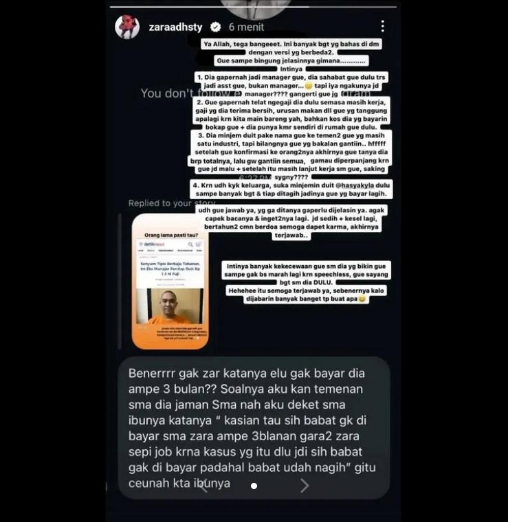 Adhisty Zara mengungkap pesan seorang warganet yang bertanya soal belum membayar gaji Batara Ageng selama tiga bulan. [Instagram]