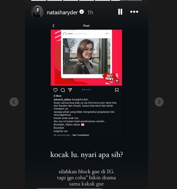 Natasha Ryder sindir Edward Akbar terkait kasus perceraian sang kakak, Kimberly Ryder. [Instagram]