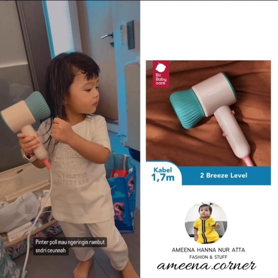 Potret Ameena Hanna Nur Atta mengeringkan rambut sendiri pakai hair dryer (Instagram/ameena.corner)