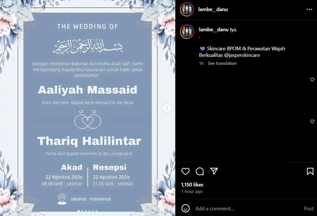 Undangan mengatasnamakan Aaliyah Massaid dan Thariq Halilintar (TikTok)