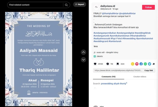 Contoh undangan Aaliyah Massaid dan Thariq Halilintar (TikTok)