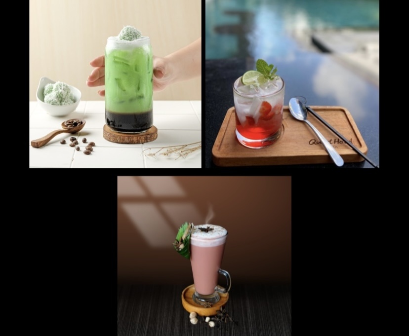 Dari kiri ke kanan: Klepon Coffee di The Alana Yogyakarta, Kuud Punch di Quest Hotel Kuta, dan Pink Seruni di favehotel Malang.