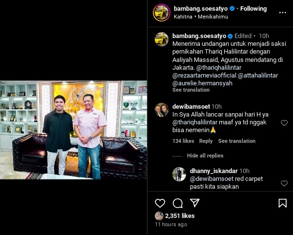 Tangkapan layar unggahan Bambang Soesatyo diundang menjadi saksi nikah Thariq Halilintar dan Aaliyah Massaid. (Instagram/@bambang.soesatyo)