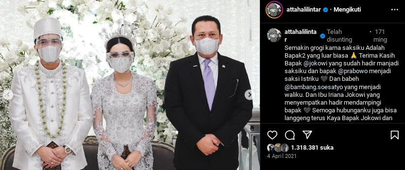 Tangkapan layar Bambang Soesatyo menjadi wali nikah Atta Halilintar dan Aurel Hermansyah. (Instagram/@attahalilintar)