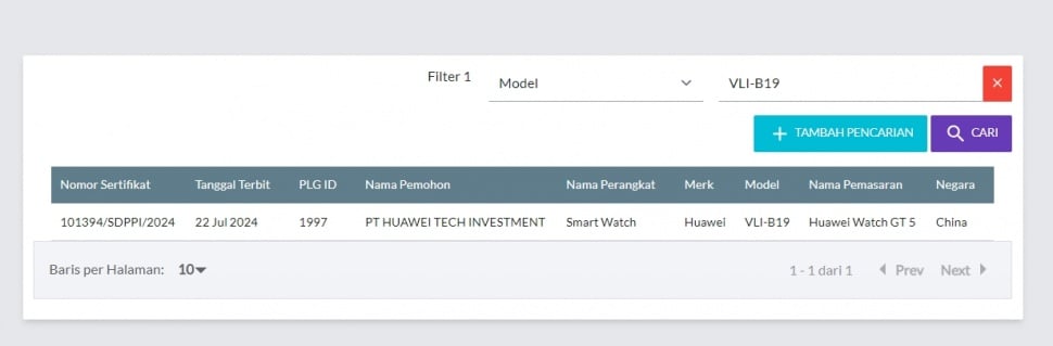 Huawei Watch GT 5 lolos sertifikasi di Indonesia. (SDPPI)