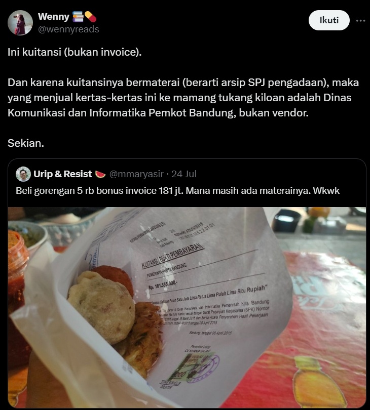 Kuitansi bermeterai yang dipakai bungkus gorengan. (x/mmaryasir)