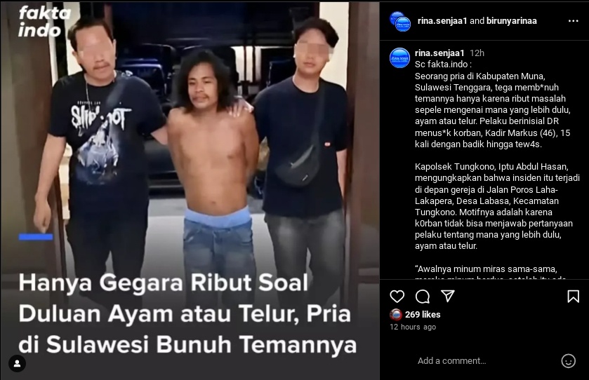 Tangkapan layar soal pria bunuh teman karena ribut duluan ayam atau telur. (Instagram/@rina.senjaa1)