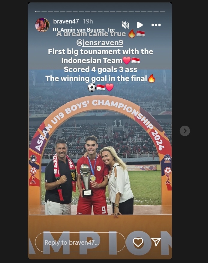 Reaksi ayah Jens Raven usai anaknya bantu timnas Indonesia U-19 juara Piala AFF U-19 2024. (Instagram/@braven47)