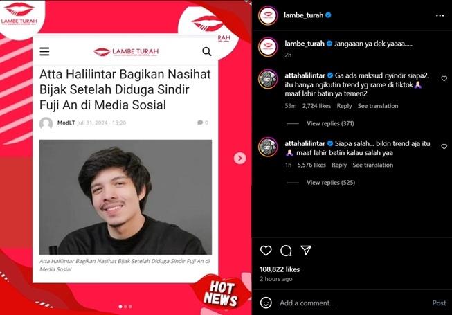 Atta Halilintar dituding menyindir Fuji (Instagram)