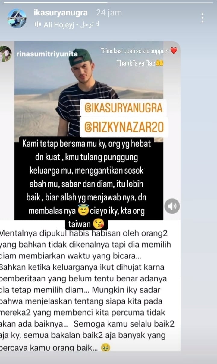 Unggahan ibunda Rizky Nazar di Instagram Story, yang memberi dukungan untuk sang putra. [Instagram]