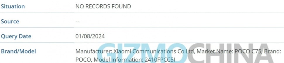 POCO C75 muncul di database IMEI. (Gizmochina)