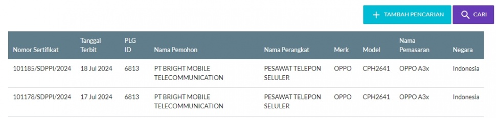 Oppo A3x 4G lolos sertifikasi di Indonesia. (SDPPI)