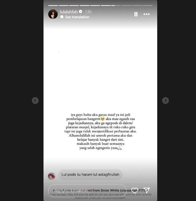 Permintaan maaf Lula Lahfah soal mengisap pods di Tanah Suci (Instagram)