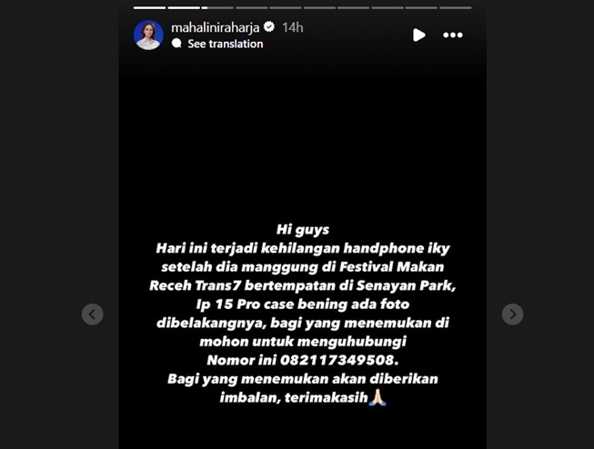 Mahalini mengumumkan ponsel Rizky Febian hilang (Instagram)