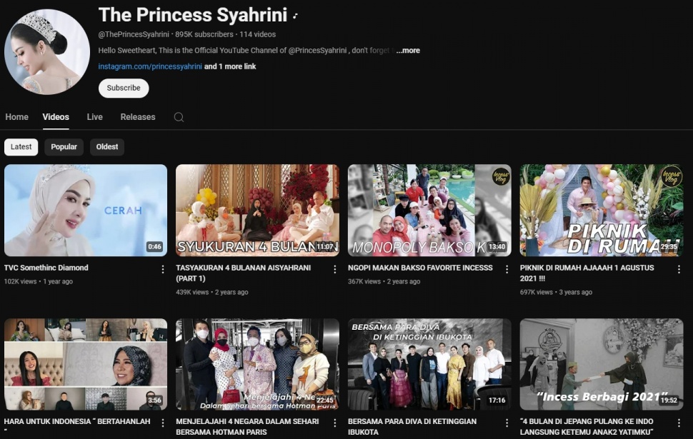 Kanal YouTube Syahrini. (YouTube The Princess Syahrini)