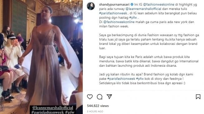 Unggahan Shandy Purnamasari soal kontroversi MS Glow dan Paris Fashion Week 2022 (Instagram)