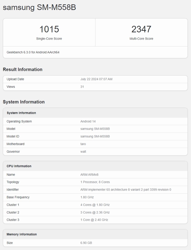 Laman Geekbench Samsung Galaxy M55s. (Geekbench)