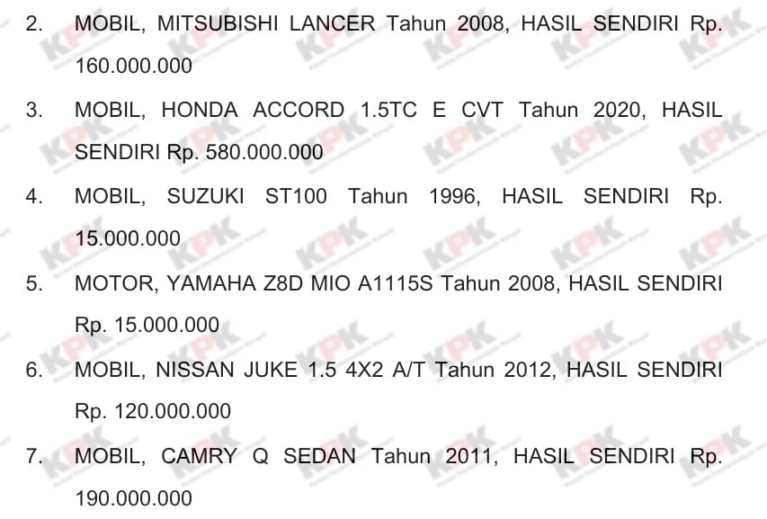 Daftar kendaraan milik Bobby Nasution. (LHKPN)