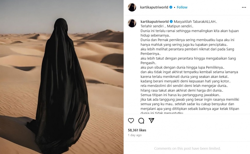 Proses hijrah Kartika Putri (Instagram/kartikaputriworld)