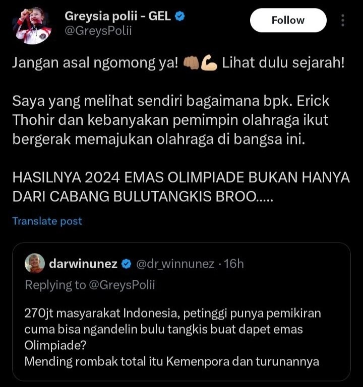 Cuitan Greysia Polii yang dihapus. (dok. X/Tangkapan Layar)