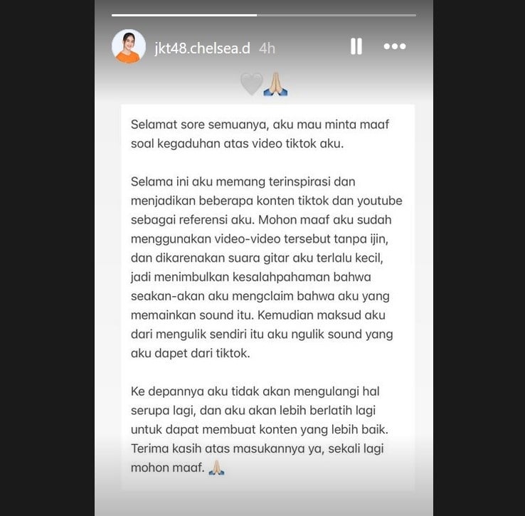 Chelsea JKT48 memberi klarifikasi tas tudingan menjiplak karya orang lain. [Instagram]