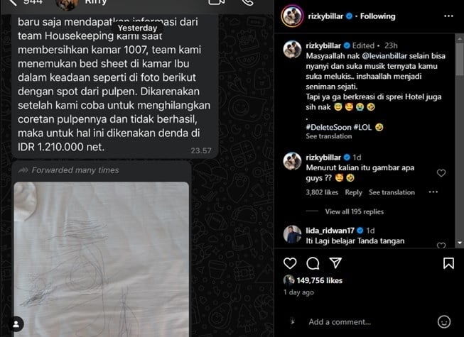 Rizky Billar kena denda gegara tinggalkan noda di sprei hotel. (Instagram/rizkybillar)