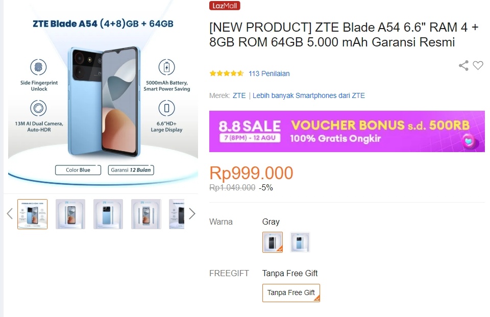 Update harga ZTE Blade A54 periode Agustus 2024. (Lazada)