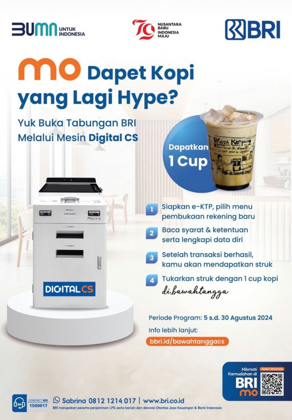 Buka tabungan lewat Digital CS BRI, nasabah dapat kopi kekinian. (Dok: BRI)