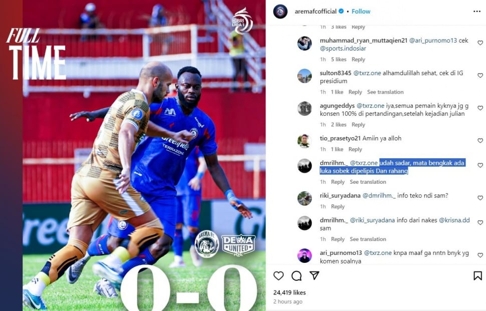 Netizen sebut Julian Guevara sudah siuman. (Instagram/@aremafc)