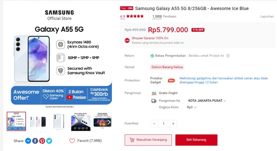 Update harga Samsung Galaxy A55 5G periode Agustus 2024. (Shopee)