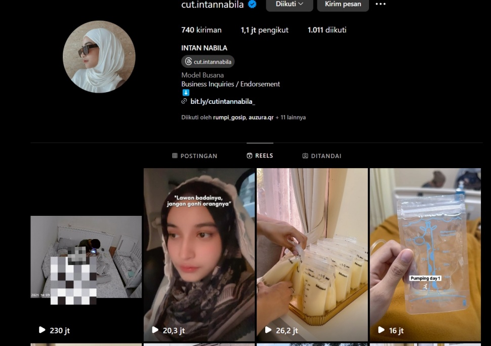 Video dugaan KDRT menembus 230 juta view di Instagram. (Instagram/ @cut.intannabila)