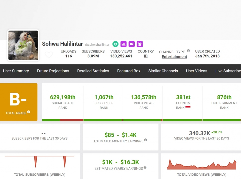 Penghasilan YouTube Sohwa Halilintar di bulan Agustus 2024. (Social Blade)