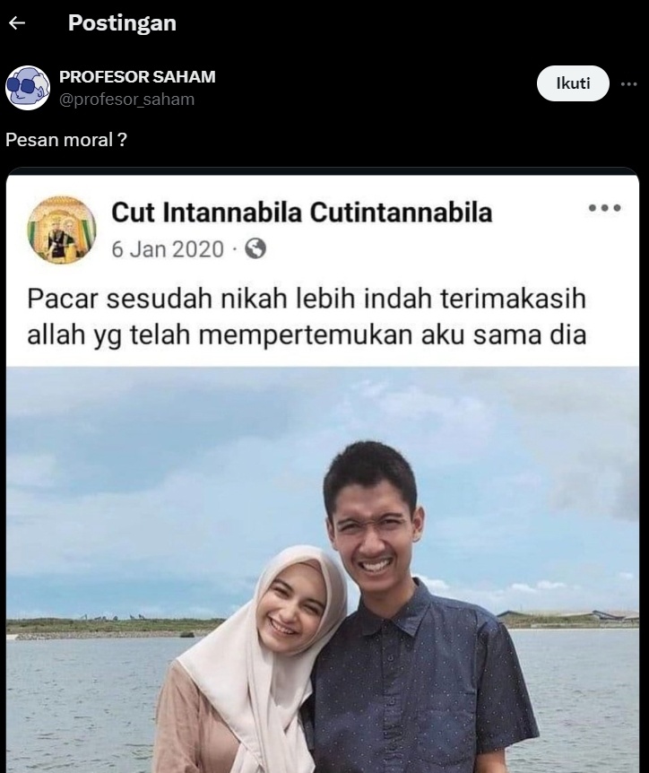 Unggahan lawas Cut Intan Nabila di Facebook. (x/profesor_saham)