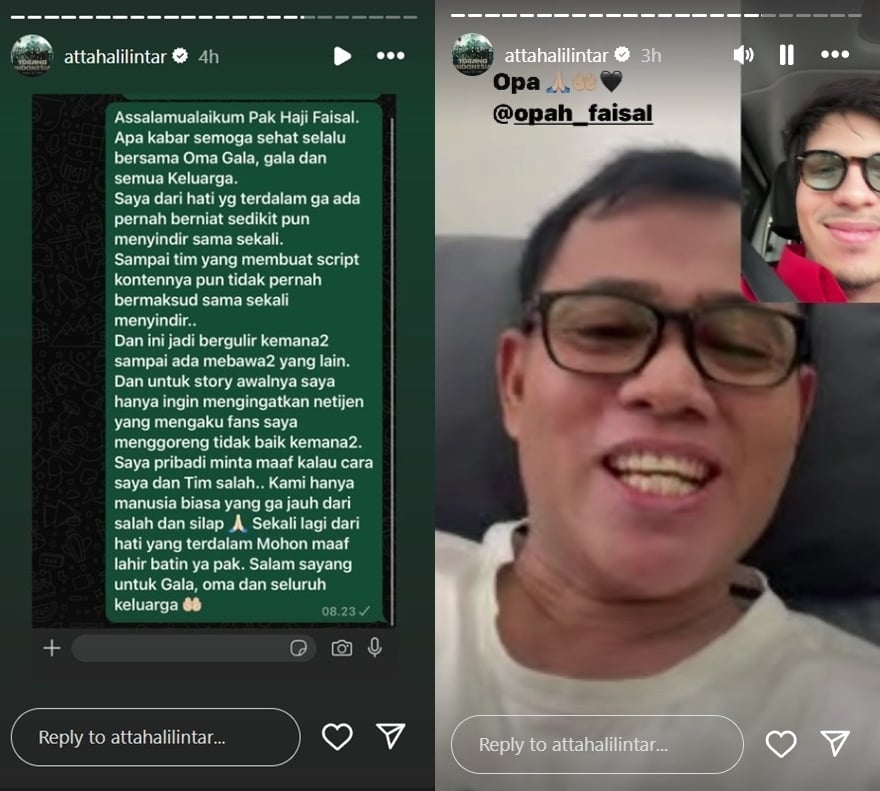 Permintaan maaf Atta Halilintar ke Haji Faisal usai diduga sindir Fuji dan ungkit masa lalu Vanessa Angel. (Instagram Story/@attahalilintar)