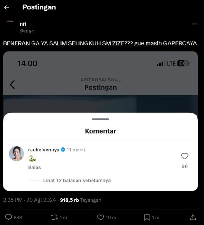 Komentar Rachel Vennya di postingan Azizah Salsha (Instagram)