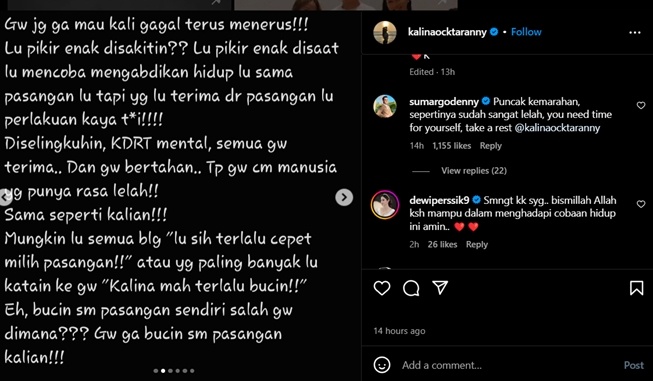 Denny Sumargo dan Dewi Perssik menanggapi unggahan Kalina Oktarani (Instagram)