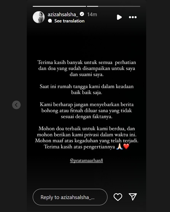 Klarifikasi istri Pratama Arhan, Azizah Salsha soal isu perselingkuhan dirinya. (Instagram/@azizahsalsha_)