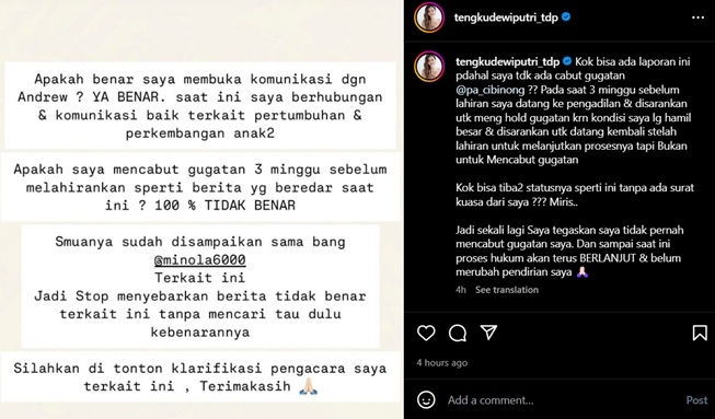 Tengku Dewi bantah cabut gugatan cerai terhadap Andrew Andika (Instagram)