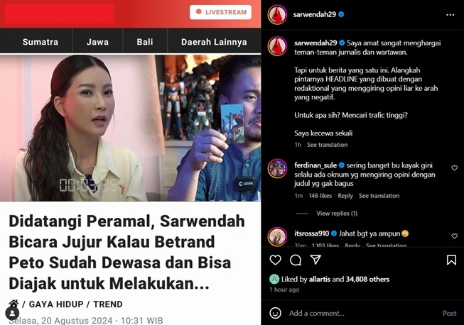 Unggahan Sarwendah sentil pemberitaan yang menyudutkannya (Instagram)