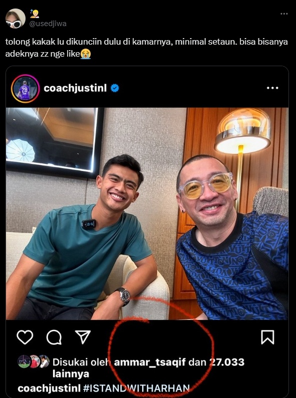 Adik Azizah Salsha tercyduk like postingan Coach Justin dan Pratama Arhan. (x/usedjiwa)